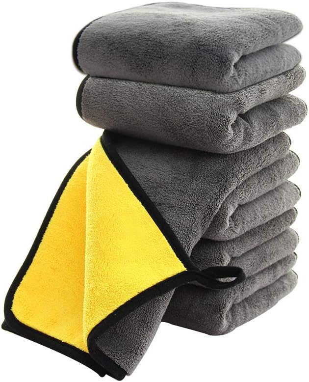 Super soft, large, thick, quick-drying microfiber car cleaning towels, 800g/m², suitable for polishing, waxing, and car detailing (6-pack, 16" x 16" (grey-yellow))